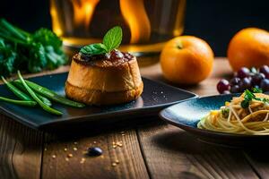 een bord van voedsel met pasta, fruit en groenten. ai-gegenereerd foto