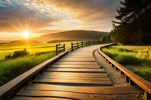 een houten pad Leidt naar de zon. ai-gegenereerd foto