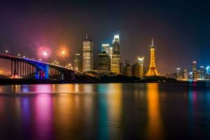 de Shanghai horizon Bij nacht met kleurrijk lichten. ai-gegenereerd foto