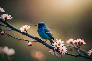 een blauw vogel zit Aan een Afdeling met roze bloemen. ai-gegenereerd foto