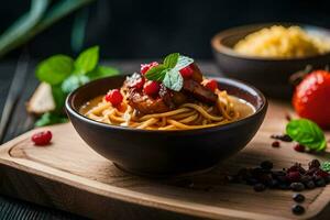 spaghetti met vlees en groenten in een schaal. ai-gegenereerd foto