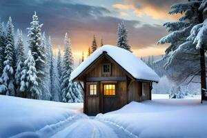 een klein cabine in de sneeuw. ai-gegenereerd foto
