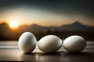 drie eieren zijn zittend Aan een tafel met een zonsondergang in de achtergrond. ai-gegenereerd foto