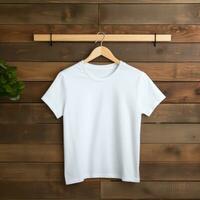 duidelijk wit t-shirt mockup met een hanger hangende Aan een houten achtergrond, ai generatief foto