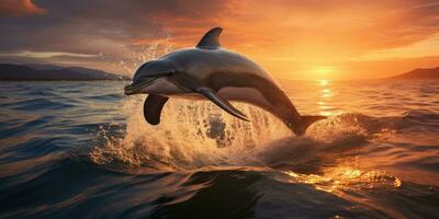 mooi dolfijn springend jumping van schijnend zonsondergang zee ai generatief foto