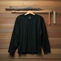 duidelijk zwart t-shirt mockup met een hanger hangende Aan een houten achtergrond, ai generatief foto