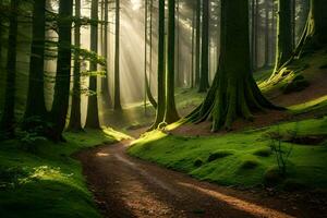 een aarde pad in een Woud met bomen en zonnestralen. ai-gegenereerd foto