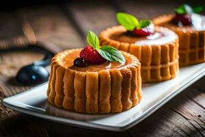 drie klein cakes met bessen Aan een wit bord. ai-gegenereerd foto