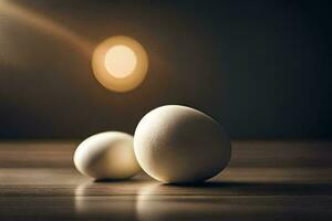 twee eieren Aan een tafel met een licht achter hen. ai-gegenereerd foto