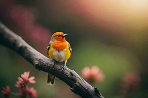 een klein oranje en geel vogel is zittend Aan een Afdeling. ai-gegenereerd foto