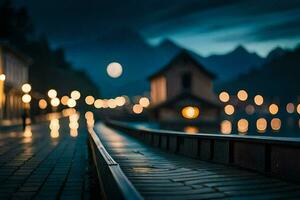 een lang houten loopbrug met lichten Aan het Bij nacht. ai-gegenereerd foto