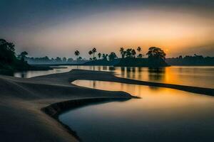 de zon sets over- een rivier- in de midden- van een woestijn. ai-gegenereerd foto