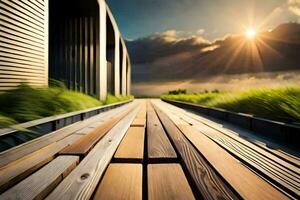 een houten loopbrug met de zon schijnend door de wolken. ai-gegenereerd foto