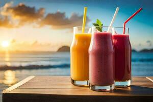 drie bril van smoothies Aan een tafel in voorkant van de oceaan. ai-gegenereerd foto