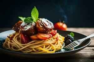 een bord van spaghetti met gehaktballen en bessen. ai-gegenereerd foto