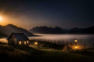 een klein cabine in de mist Aan een berg kant. ai-gegenereerd foto