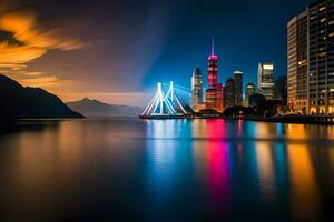 de stad horizon Bij nacht met de brug in de voorgrond. ai-gegenereerd foto