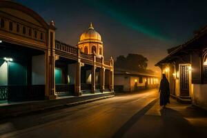 een Mens wandelingen naar beneden de straat Bij nacht in een oud dorp. ai-gegenereerd foto