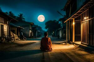 een monnik zittend Aan de straat Bij nacht met een vol maan. ai-gegenereerd foto