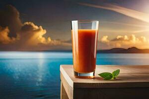 een glas van sap Aan een houten tafel in voorkant van de oceaan. ai-gegenereerd foto