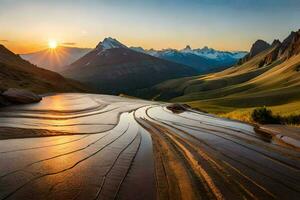 de zon sets over- een berg reeks met water rennen naar beneden de kanten. ai-gegenereerd foto