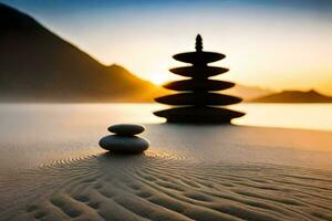 een stack van stenen Aan de strand Bij zonsondergang. ai-gegenereerd foto