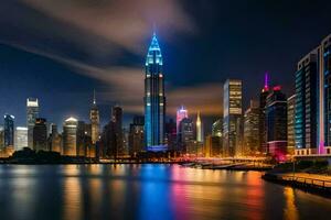 de stad horizon Bij nacht met lichten reflecterend uit de water. ai-gegenereerd foto