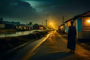 een Mens wandelingen naar beneden een weg Bij nacht met een storm in de achtergrond. ai-gegenereerd foto