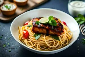 een bord van pasta met Zalm en tomaten. ai-gegenereerd foto