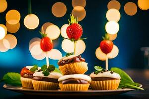 cupcakes met aardbeien en chocola Aan een bord. ai-gegenereerd foto