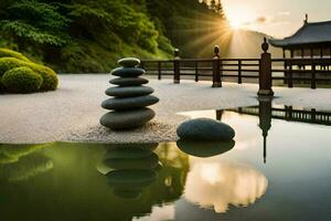 Japans zen tuin met steen balanceren. ai-gegenereerd foto