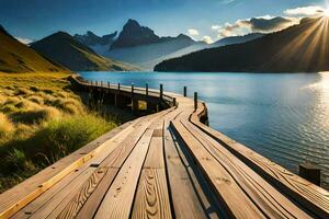 een houten promenade Leidt naar een meer en bergen. ai-gegenereerd foto