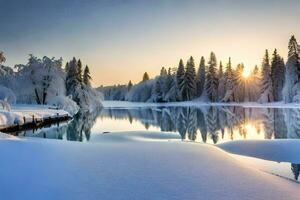 foto behang de lucht, sneeuw, bomen, meer, de zon, winter, de woud,. ai-gegenereerd