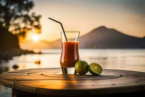 een glas van sap met limoen en een rietje Aan een tafel in voorkant van de oceaan. ai-gegenereerd foto