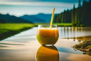 een glas van sap met een rietje zittend Aan de rand van een rivier. ai-gegenereerd foto