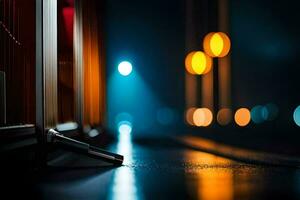 een dichtbij omhoog van een straat Bij nacht met lichten. ai-gegenereerd foto