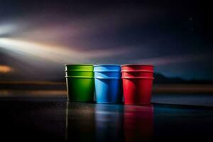 drie kleurrijk plastic cups zitten Aan de grond Bij nacht. ai-gegenereerd foto
