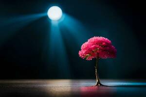 een single roze boom in de donker met een schijnwerper. ai-gegenereerd foto