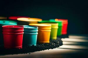 kleurrijk plastic cups bekleed omhoog Aan een tafel. ai-gegenereerd foto