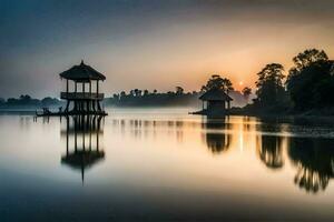 een Prieel Aan de water Bij zonsopkomst. ai-gegenereerd foto