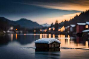 een klein huis zit Aan de water in voorkant van een meer. ai-gegenereerd foto