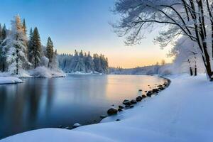 een rivier- in de winter. ai-gegenereerd foto