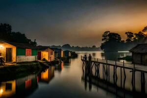 een rivier- met huizen Aan het Bij zonsondergang. ai-gegenereerd foto