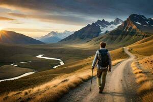 een Mens met rugzak wandelen Aan een aarde weg in de bergen. ai-gegenereerd foto