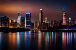 de stad horizon Bij nacht met lichten reflecterend uit de water. ai-gegenereerd foto