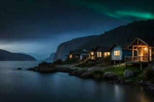 de Aurora lichten schijnen over- de huizen Aan de oever. ai-gegenereerd foto