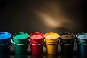 een rij van kleurrijk cups Aan een zwart achtergrond. ai-gegenereerd foto