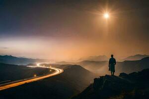 een Mens staand Aan een berg met uitzicht een weg Bij zonsondergang. ai-gegenereerd foto