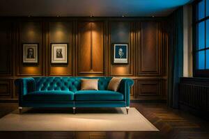 een blauw fluweel bankstel in een kamer met hout lambrisering. ai-gegenereerd foto