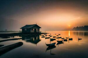 foto behang de lucht, water, boten, de huis, de meer, de zonsopkomst, de. ai-gegenereerd